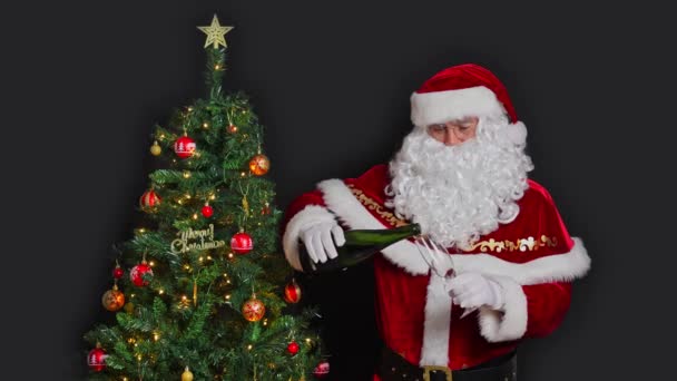 Święty Mikołaj Nalewa Sobie Kieliszek Musującego Wina Stojąc Obok Choinki — Wideo stockowe