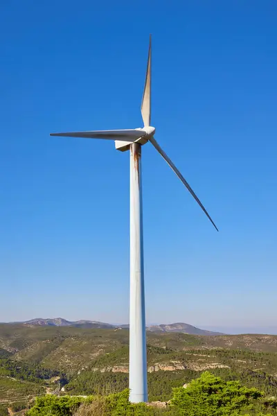 Güneşli yaz manzarasında rüzgar türbinleri. Yeşil ekolojik enerji üretimi. Bunol rüzgar çiftliği, İspanya.