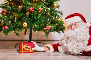 Noel Baba süslenmiş bir Noel ağacının altına Noel hediyesi koyar. Beyaz arkaplanda.