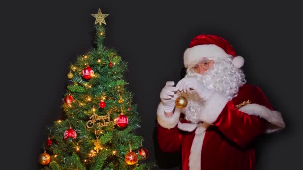 Санта Клаус Прикрашає Ялинку Новорічними Прикрасами Санта Клаус Вішає Красиві — стокове відео