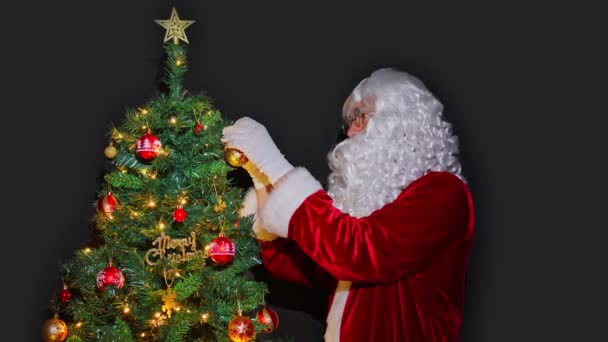 Święty Mikołaj Zdobi Choinkę Dekoracji Nowego Roku Święty Mikołaj Wisi — Wideo stockowe