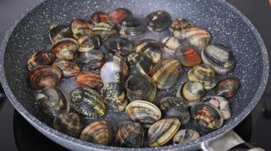 Evde tavada istiridye pişirmek. Beyaz şarapta kaynayan istiridyelerin yakın çekimi.
