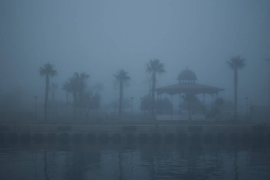 Yoğun sis sırasında rıhtımın yanındaki parkta büyük bir çardak. Marina Valencia.