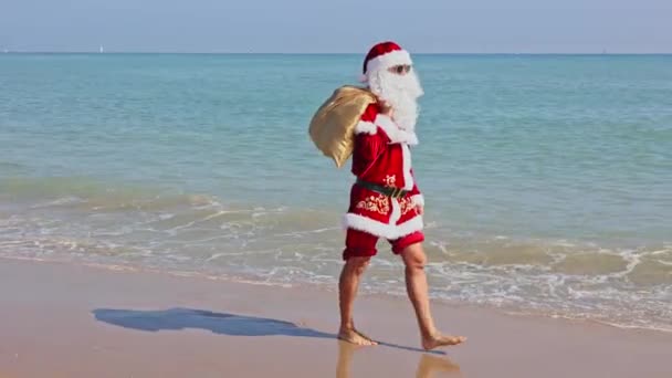 Omzunda Hediyelerle Dolu Bir Çantayla Noel Baba Sıcak Bir Yaz — Stok video