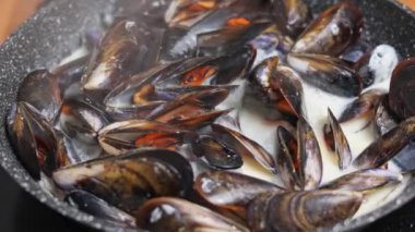 Krema soslu Akdeniz midyelerinin yakın çekimi. Sıcak tavada yavaş dönen midyeler.