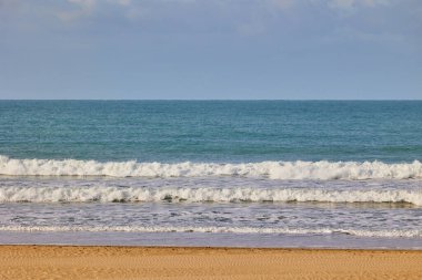 Kumlu sahilde okyanus sörfü.