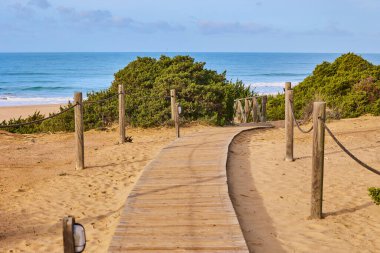 Kum tepelerinin arasından denize giden ahşap patika çalılarla kaplanmış..