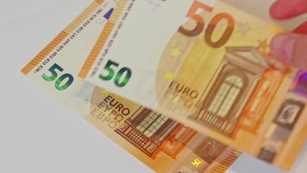 Liczenie Pieniędzy Podczas Rotacji Pięćdziesiąt Banknotów Euro Naliczenie Banknotów — Wideo stockowe