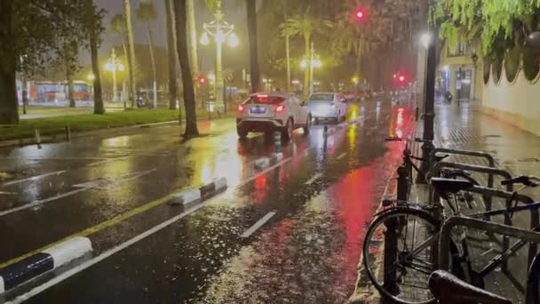 Ciudad Nocturna Con Clima Lluvioso Valencia España Enero 2024 — Vídeo de stock