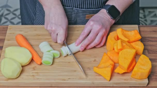 Κοντινό Πλάνο Των Γυναικών Χέρια Κοπής Λαχανικά Για Προετοιμάσει Σούπα — Αρχείο Βίντεο