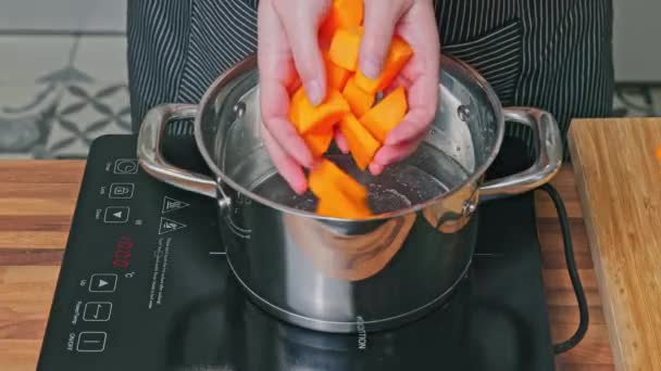 Egy Apróra Vágott Sütőtököt Tesz Egy Kanna Vízbe Töklevest Készítek — Stock videók