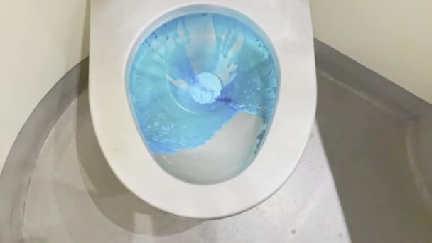 火车上的厕所 用明亮的蓝色液体冲洗火车上的厕所 — 图库视频影像