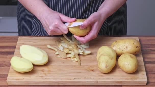 Handen Van Een Vrouw Die Aardappelen Schilt Koken Thuis — Stockvideo
