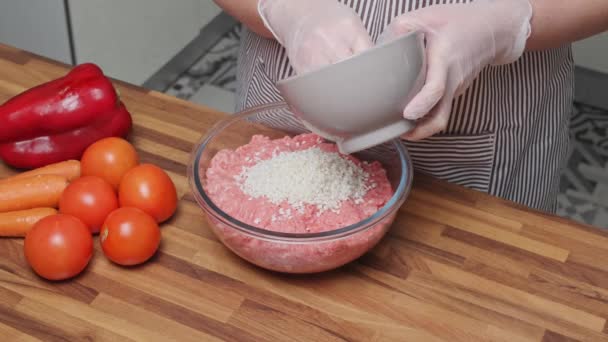 Домашняя Кухня Женщина Смешивающая Мясо Рисом Миске Вручную — стоковое видео
