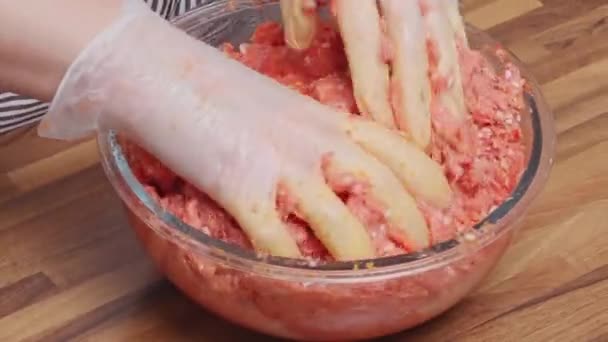 自制的烹调 一个女人用手把肉倒入碗里 — 图库视频影像