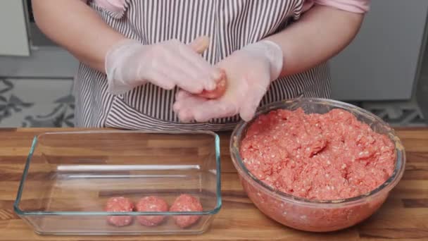 Homemade Cooking Woman Prepares Meatballs Minced Meat — Stock Video