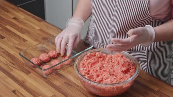Homemade Cooking Woman Prepares Meatballs Minced Meat — Stock Video