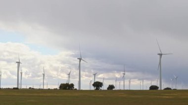 Gökyüzündeki kara bulutlara karşı tarımsal bir tarlada rüzgar tarlası