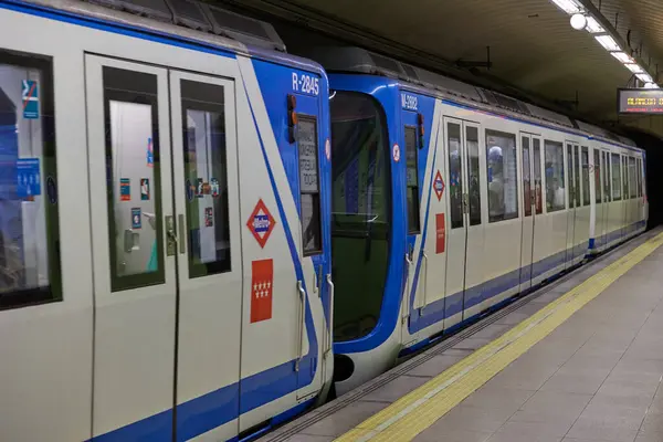Madrid metro treni istasyonda durdu. Madrid, İspanya - 12 Haziran 2024.