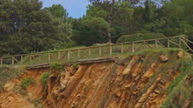 İspanya, San Sebastian 'da Santa Clara Adası' ndaki uçurum kenarında. Uçurumlu manzara ve mavi gökyüzüne karşı ağaçlar.