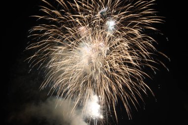 Kutlama sırasında karanlık gökyüzünde havai fişekler patlıyor..
