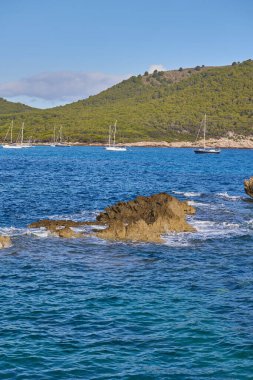Mallorca 'da Cala Agulla sahiline demir atmış yelkenli tekneler..