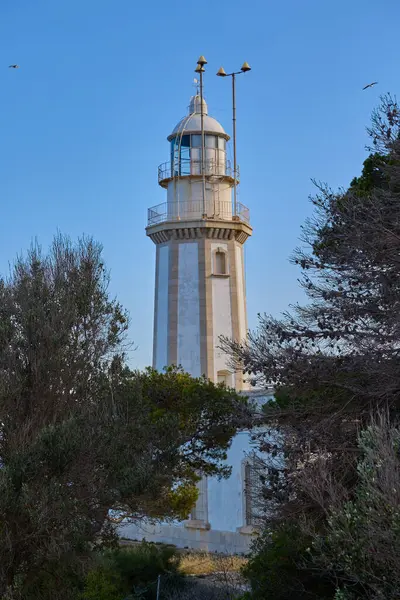 İspanya 'nın Alicante kentindeki Akdeniz' in yukarısındaki açık mavi gökyüzünün altında yer alan Cabo de la Nao 'daki deniz fenerinin manzarası.
