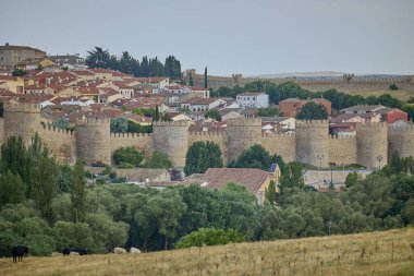 İspanya 'nın Cuatro Postes bakış açısıyla ünlü ortaçağ şehir duvarlarıyla tarihi Avila kentinin panoramik manzarası.