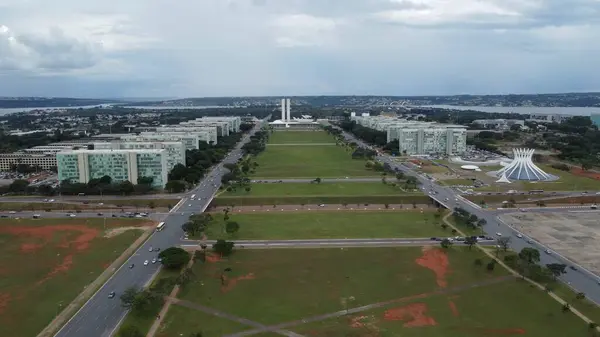 stock image Brasilia, Brazil - March 10, 2023: Aerial view of Brasilia, Eixo Monumental with the Ministries and the parliament - Brasilia, Distrito Federal, Brazil