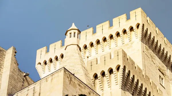 Fransa 'nın Avignon kentindeki Palais des Papes' in arka tarafındaki savaş alanı ve güçlendirilmiş duvarlı kule.