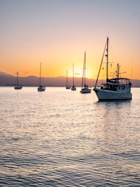 A serene view of anchored yachts and boats in the Bay of Algeciras, bathed in soft orange light as day transitions to night