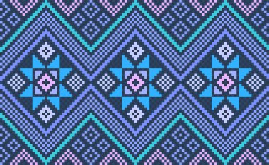 Piksel etnik desen, Vektör işlemeli şablon arka plan, Geometrik güzel tarz, Pembe ve mavi desenli jakuzi konsepti, Tekstil, kumaş, batik, kaftan, grafik tasarımı