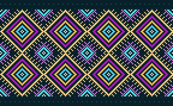 ピクセル幾何学的な民族模様 ベクトル刺繍Ikat背景 ピクセルジャカードスタイル イエローピンクと青のパターンの正方形のファッション カーテン マグカップのデザイン — ストックベクタ