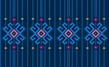 Piksel etnik desen, Vektör nakışı antik arka plan, Geometrik konsept etnik tarz, Pembe ve mavi desenli geometri çizimi, Tekstil, kumaş, zemin, halı, duvar sanatı tasarımı