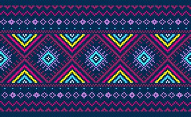 Piksel işlemeli etnik desen, Vector Geometric örgü arka planı, çapraz ilmek etnik stili, pembe ve sarı desenli süslemeli klasik, tekstil, kumaş, halı, ambalaj tasarımı