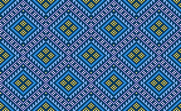 幾何学的民族模様 ベクトル刺繍幾何学的背景 ピクセル要素テンプレートスタイル 青と黄色のパターン装飾ネイティブ 織物のためのデザイン ファブリック セラミック セーター — ストックベクタ