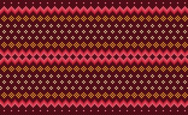Piksel etnik desen, vektör işlemeli örgü arka plan, Geometrik halk Boho tarzı, kırmızı ve turuncu desen tekrarlayan İskandinav, tekstil, kumaş, perde, kaftan, goblen tasarımı