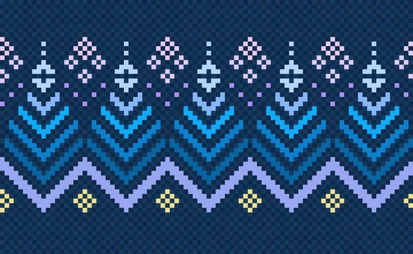 刺繍民族パターン ベクトル幾何学的なピクセル背景 クロスステッチシームレスパターンスタイル 青と紫のパターンアンティークヴィンテージ テキスタイルのデザイン ファブリック バティック グラフィック — ストックベクタ
