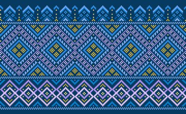 Geometrik etnik kalıp, vektör işlemeli süslemeli arka plan, pikselli üçgen biçimi, mavi ve sarı desenli etnik zanaat, tekstil, kumaş, arkaplan, kaftan, yastıklar için tasarım