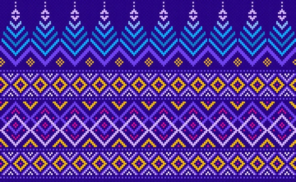 幾何学的な民族模様 ベクトル刺繍華やかな背景 ピクセルレトロジグザグスタイル 青と黄色のパターン編み物連続 ファブリック セラミック デジタルプリント タペストリーのためのデザイン — ストックベクタ