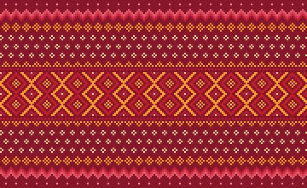 Pixel Ethnische Muster Vektorstickerei Ornamentalen Hintergrund Geometrische Kreuzstichdreieck Stil Rote — Stockvektor