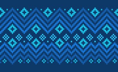 Piksel etnik desen, Vektör nakışlı Jacquard arka plan, Geometrik el sanatları zigzag stili, mavi şablon yerli, tekstil, kumaş, seramik, karo, kupalar için tasarım