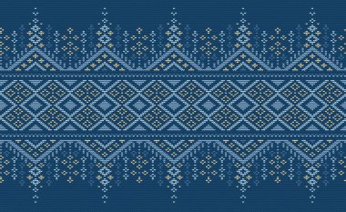 Vektör çapraz dikiş örgü arka plan, örgü örme etnik desen, nakış işleme kare tarzı, mavi ve sarı desenli oryantal iplik, tekstil, kumaş, halı, baskı, duvar halıları için tasarım