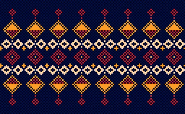 ピクセル民族パターン ベクトル刺繍パターンの背景 幾何学的な伝統的な三角形スタイル ブルーとオレンジのパターン編みヴィンテージ ファブリック バティック カフタン 繊維のためのデザイン — ストックベクタ