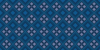 Örülmüş etnik model, vektör çapraz dikiş örgü arka plan, nakış Navajo tarzı, mavi desenli etnik çizgi, tekstil, kumaş, sanat, ambalaj, battaniye tasarımı