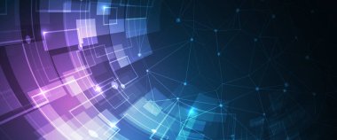 Çeşitli teknolojik elementlere sahip yüksek teknoloji vektör çizimi. Soyut küresel bilim kurgu kavramı. Mavi arka planda dijital internet iletişimi. Geniş Siber Güvenlik İnternet ve ağ oluşturma kavramı.