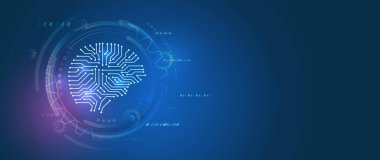 Dijital beyin, vektör yazılım dijital kod. Yapay zekanın soyut yüzü. Koyu mavi zemin üzerinde parçacıklar olan baş silueti, veri analizi, veri bilimi. Ağ yorumu
