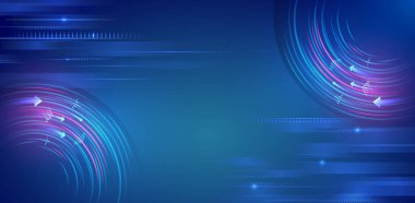 Wide Blue background with various technological elements. Abstract circle technology communication, vector illustration. Futuristic design for presentation. Hi-tech computer digital technology concept.