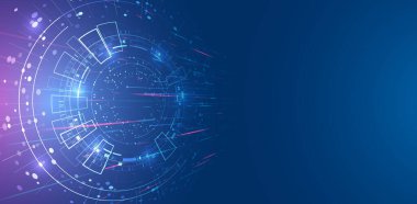 Mavi arka planda dijital internet iletişimi. Geniş Siber Güvenlik İnternet ve ağ konsepti. Çeşitli teknolojik elementlere sahip yüksek teknoloji vektör çizimi. Soyut küresel bilim kurgu kavramı.