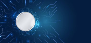 Çeşitli teknolojik elementlere sahip yüksek teknoloji vektör çizimi. Soyut devre kartı. Mavi arka planda dijital internet iletişimi. Geniş Siber Güvenlik İnternet ve ağ oluşturma kavramı.